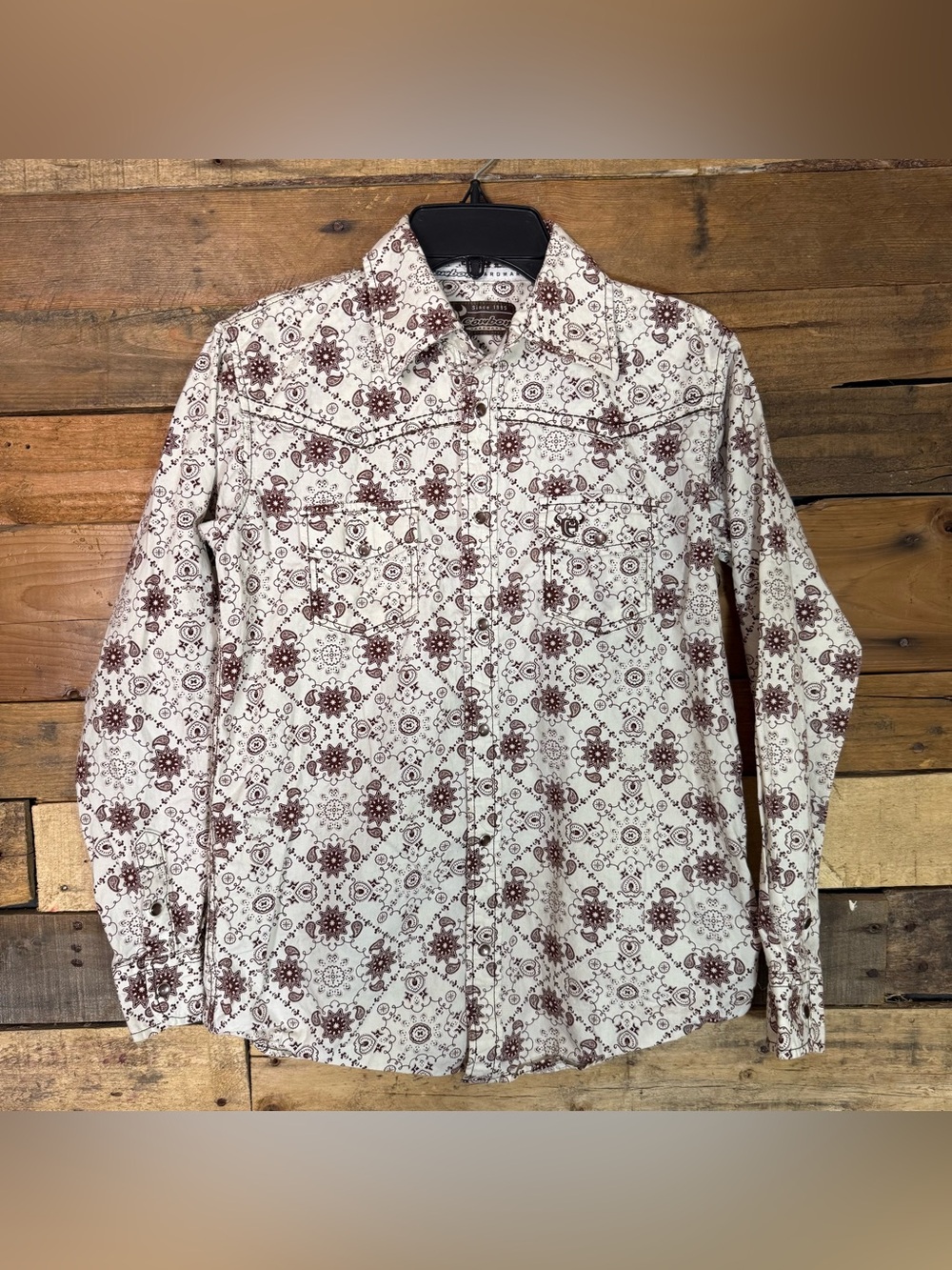 Boys Cowboy Hardware White and Brown Paisley Long Sleeve Western Shirt L 10/12